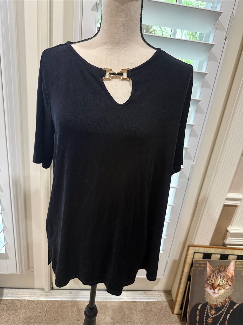 Chico's Black Short-Sleeve Top with Gold Neckbar Accent
